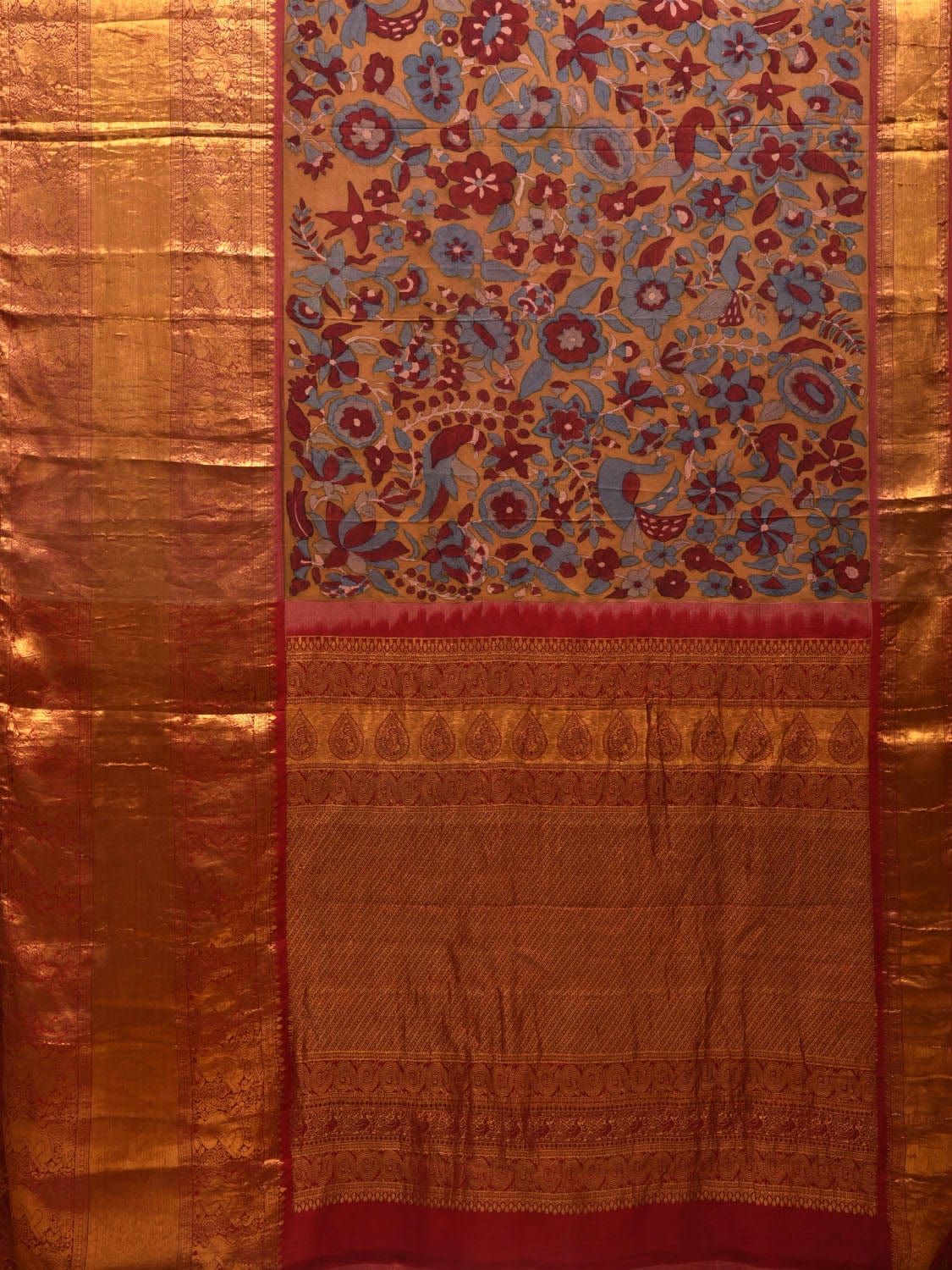 Yellow and Red Kalamkari Hand Painted Kanchipuram Silk Handloom Grab2Buy with Floral Design - Global Threads 