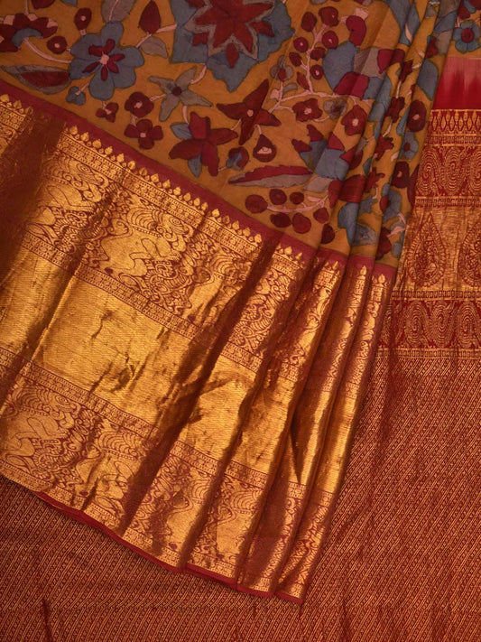 Yellow and Red Kalamkari Hand Painted Kanchipuram Silk Handloom Grab2Buy with Floral Design - Global Threads 