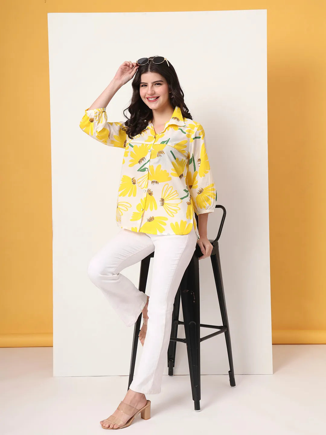 Yufta Yellow Cotton Shirt Collar Shrit Style Top  Grab2Buy Yufta Grab2Buy