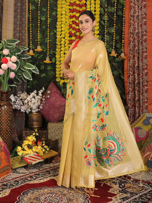 Anaita Yellow Linen Cotton Woven Saree With Blouse