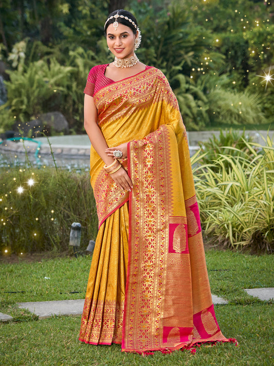 Anaita Yellow Banarasi Saree With Blouse Piece