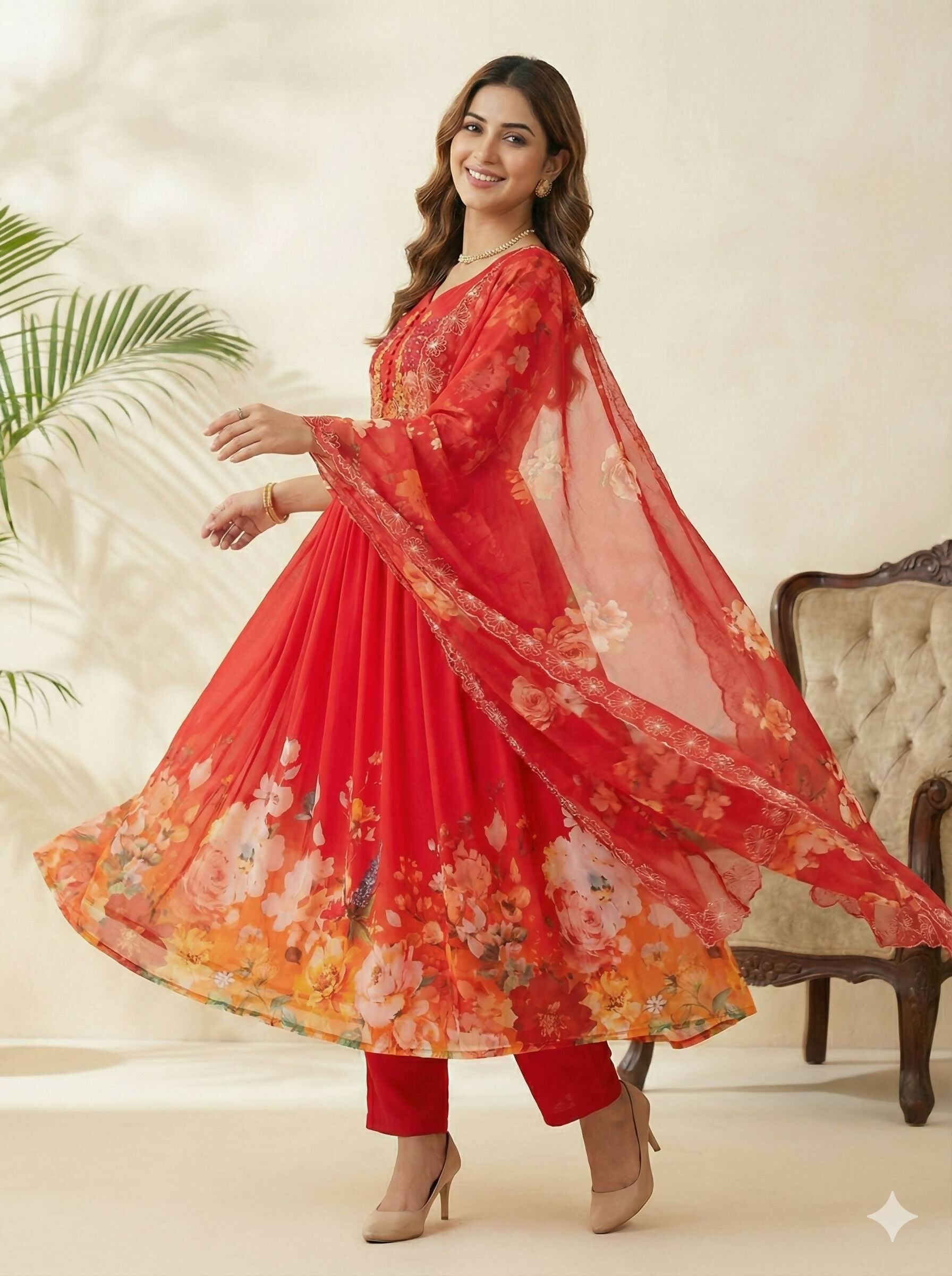 Teeya Creation Womens New Fancy Fox Georgette Heavy Quality Fabric With Handwork Orange Gown Set