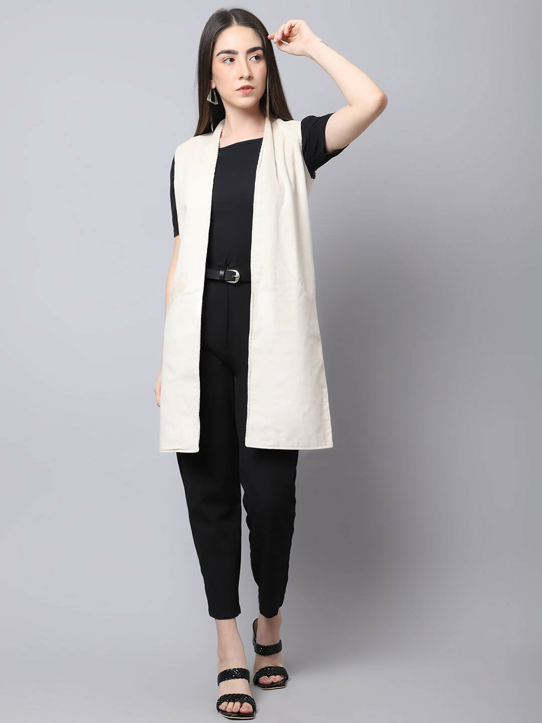 Even Apparels White Polywool Open Front Corduroy Women's Long Coat 