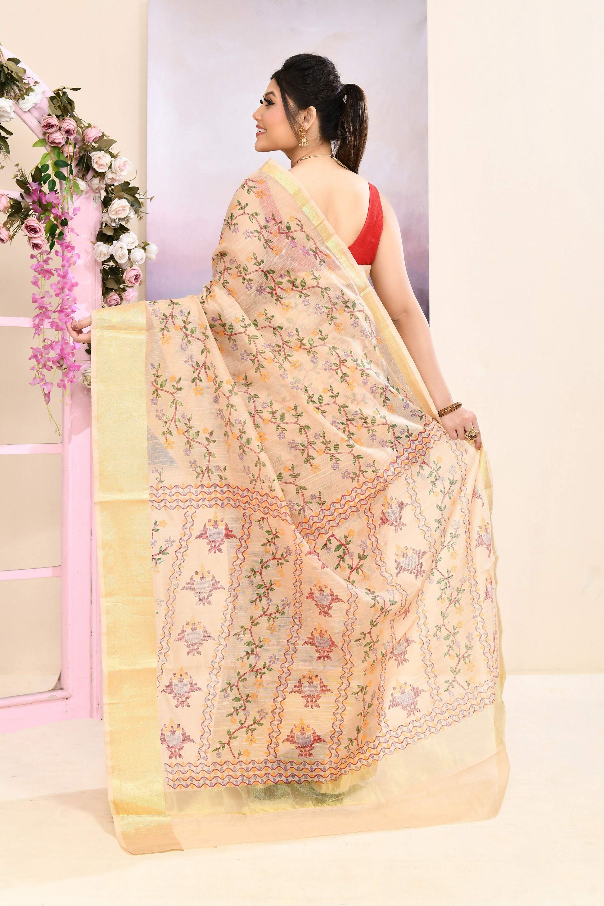 Piyari Fashion Women's Beige Embellished Cotton Blend Printed Saree