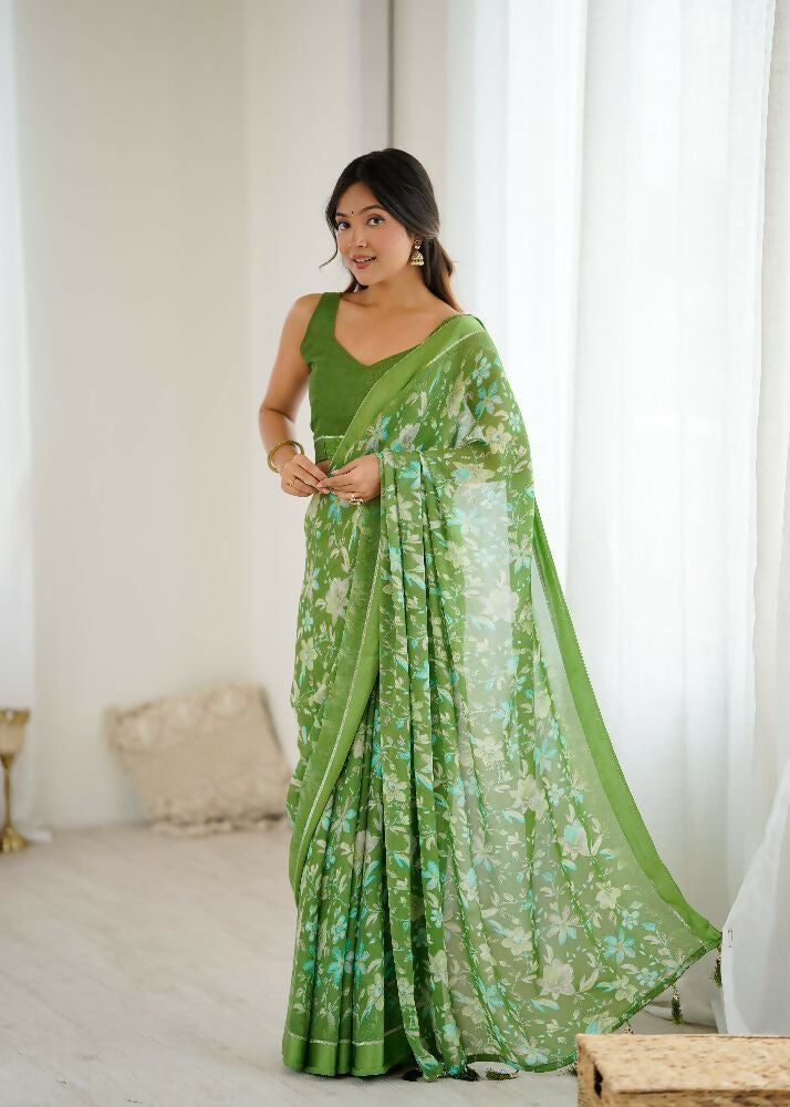 PR Fashion Green Bright Moss Satin Patta Printed Saree
