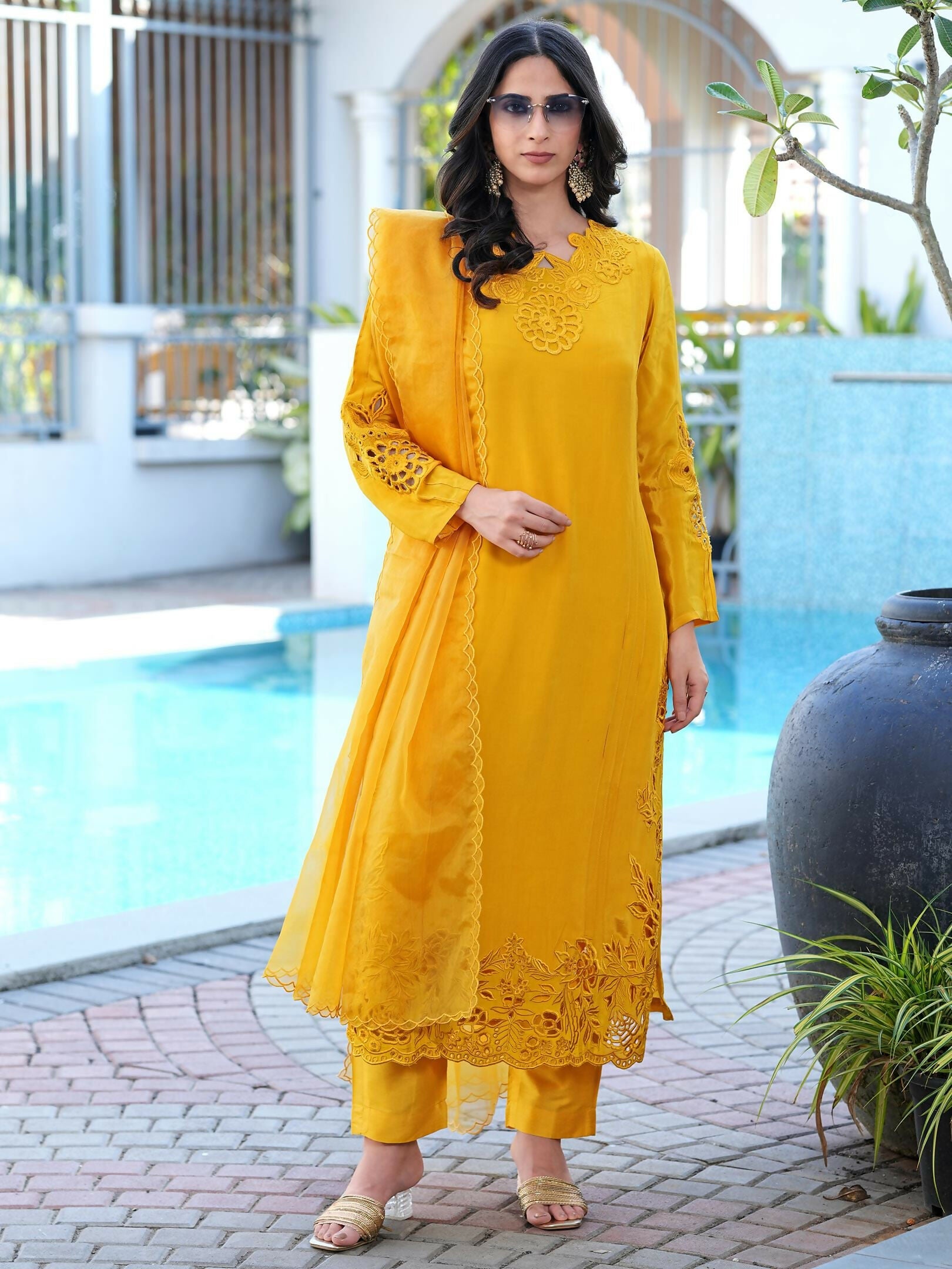 Nikhaar Yellow Embroidered Art Silk Stitched Straight Cut Kurta Pants Dupatta Readymade Suit