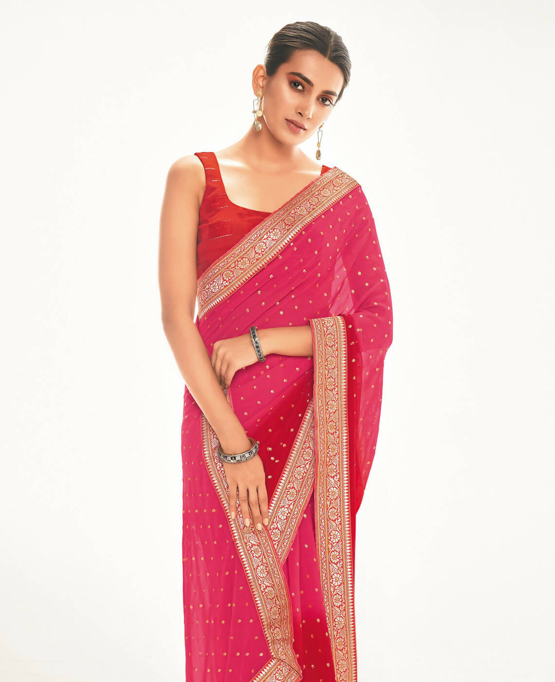 Pink Georgette Foil Printed Saree With Unstitched Blouse Piece - Nitya