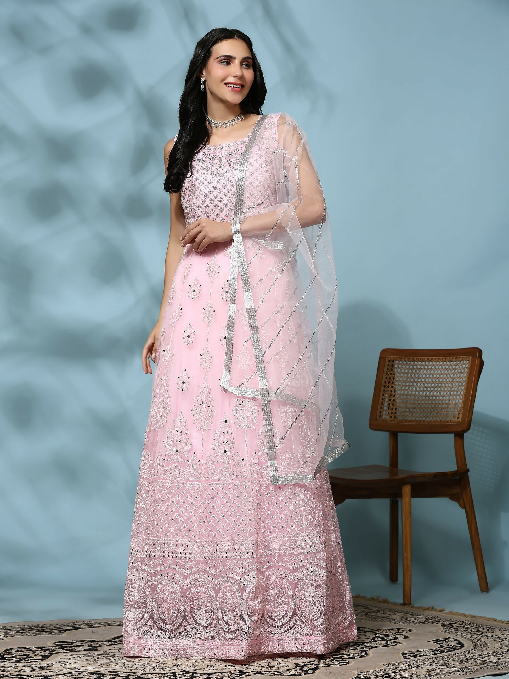Pink Net Hand Embroidered Gown - Rudrani