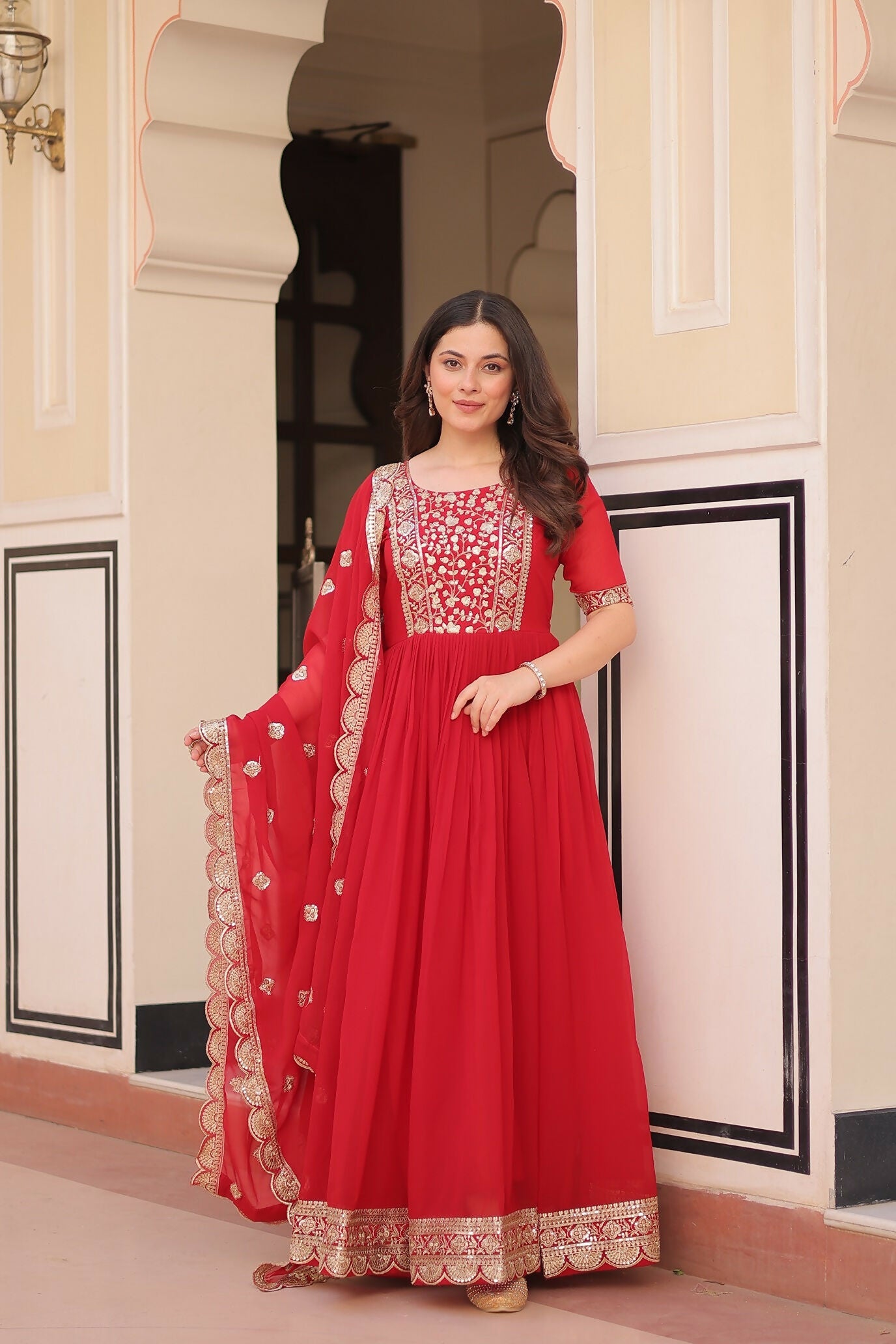 Joban Fashion Red Georgette Sequence Embroidery Work Kurta Set