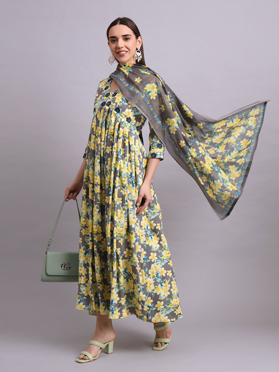Joban Fashion Yellow Cotton Floral Printed & Embroidery Work Anarkali Dress With Dupatta Set