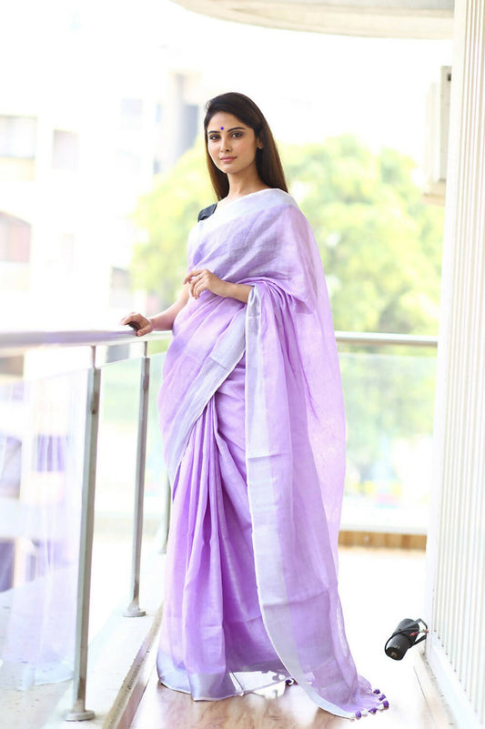 Very Much Indian Pure Linen Saree With Sleek Border And Exclusive Design - Lavender - Grab2buy