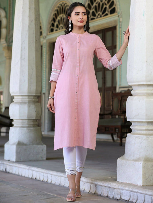 Juniper Women's Pink Cotton Slub Embroidered Straight Kurta