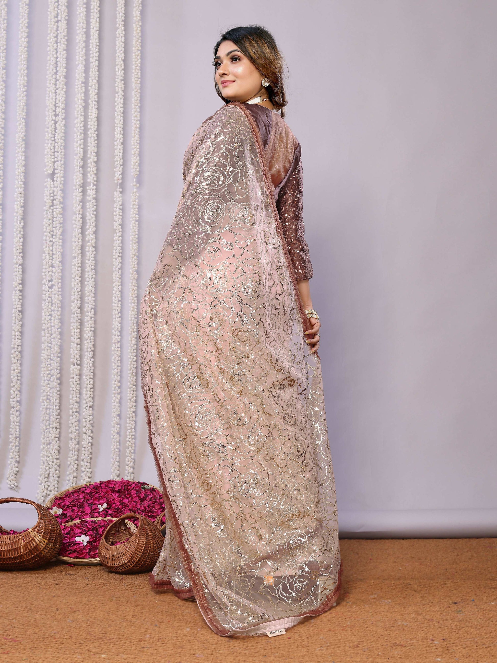 Brown Net Embroidered Saree With Stitched Blouse - Nimaya Kaksha