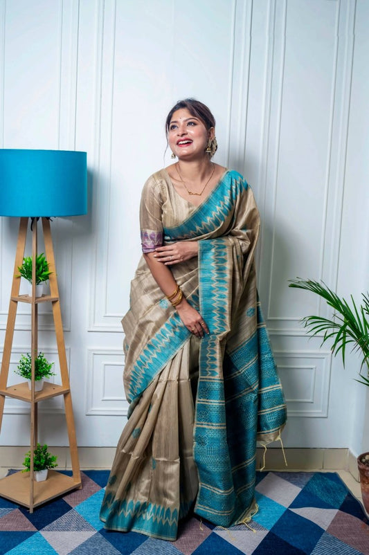 Aastha Fashion Teal Thread Woven Handloom Tussar Silk Saree with Blouse - Grab2buy