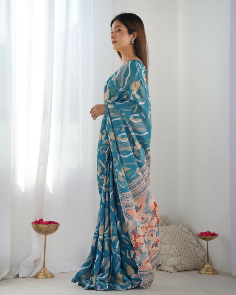 Teal Chinon Designer Digital Printed & Mirror Cut Work Saree - Kriti