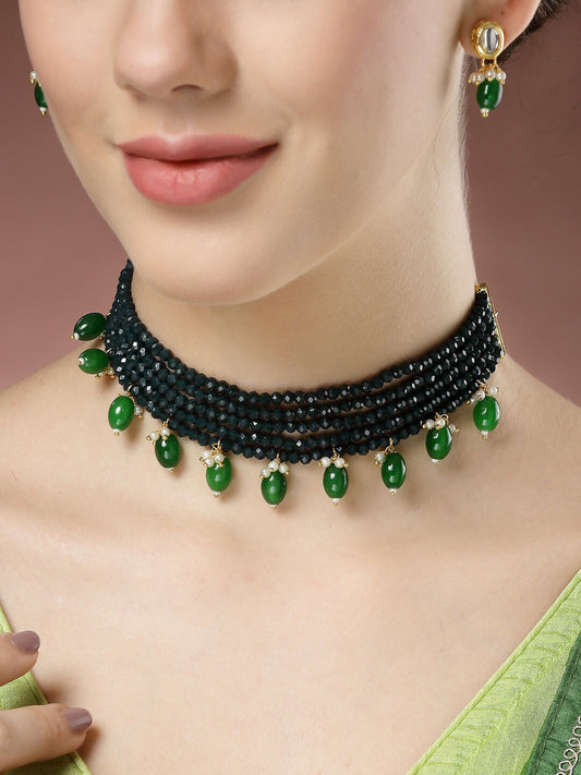 NVR Women's Green Artificial Beads Layered Necklace with Drop Earring NR Retail-NVR