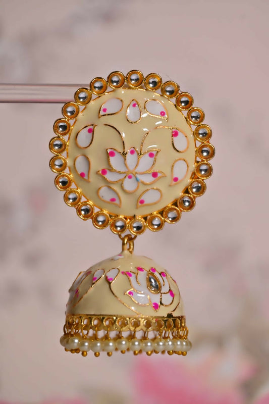 Beige Round Shape Ethnic Meenakari Jhumki Earrings By House of Ree House of Ree
