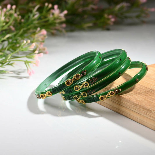 Afast Designer Fancy Party Bangle/ Kada Set, Green, Glass, Pack Of 4 - Grab2buy