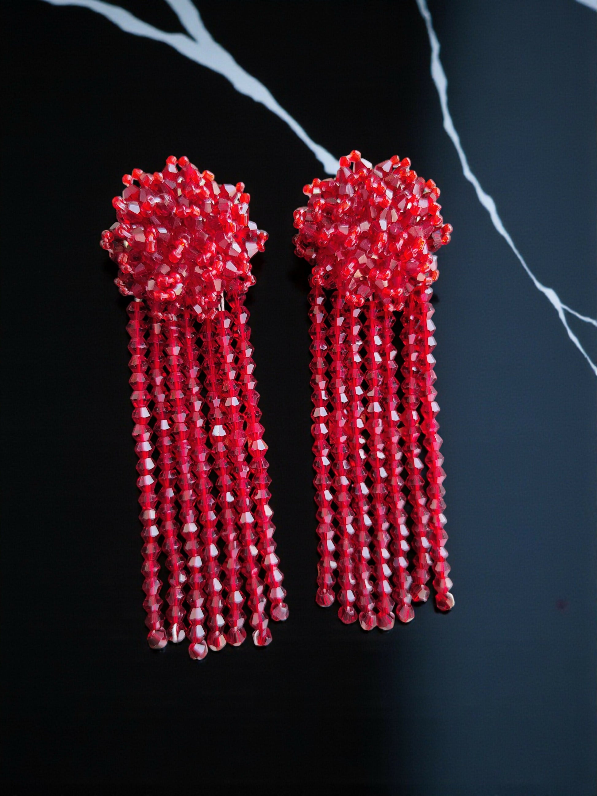 Inhanns Handmade Crystal Waterfall Earrings - Long - Maroon Big