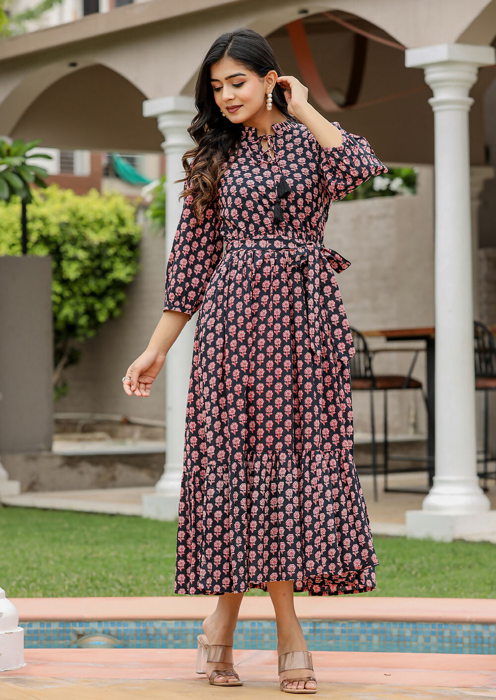 Kaajh Women's Black Bagru Print Floral Cotton Dress
