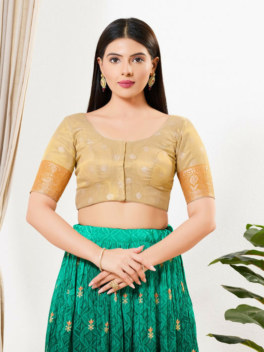 Joban Fashion Gold Tissue Padded Blouse With Round Neck Elbow Sleeves