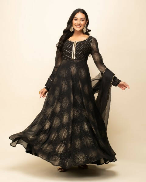 FIORRA Women's Black Georgette Flared Kurta With Dupatta