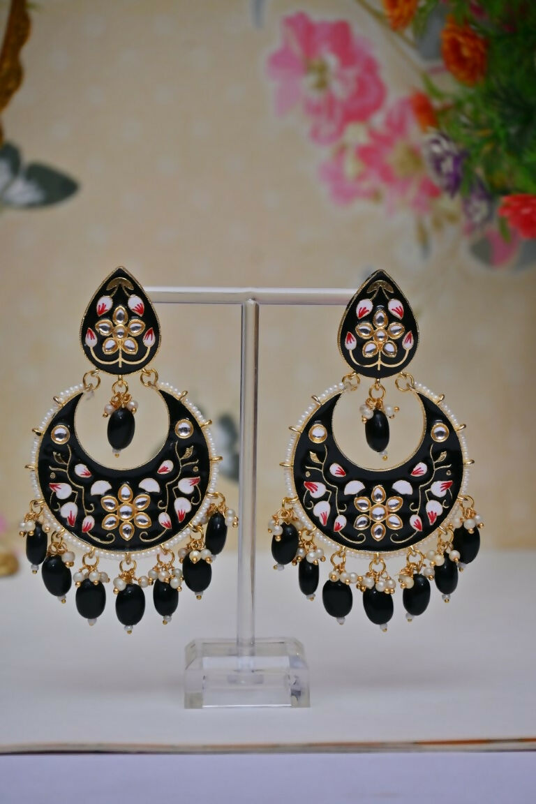 Black Gold-Polished Brass & Pearl Dangle Women Earrings| Hand Painted Meenakari Chandbali Traditional Ethnic Wear Earrings By House of Ree House of Ree