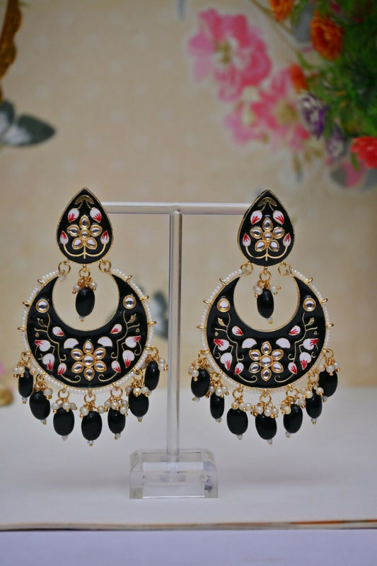 Black Gold-Polished Brass & Pearl Dangle Women Earrings| Hand Painted Meenakari Chandbali Traditional Ethnic Wear Earrings By House of Ree House of Ree