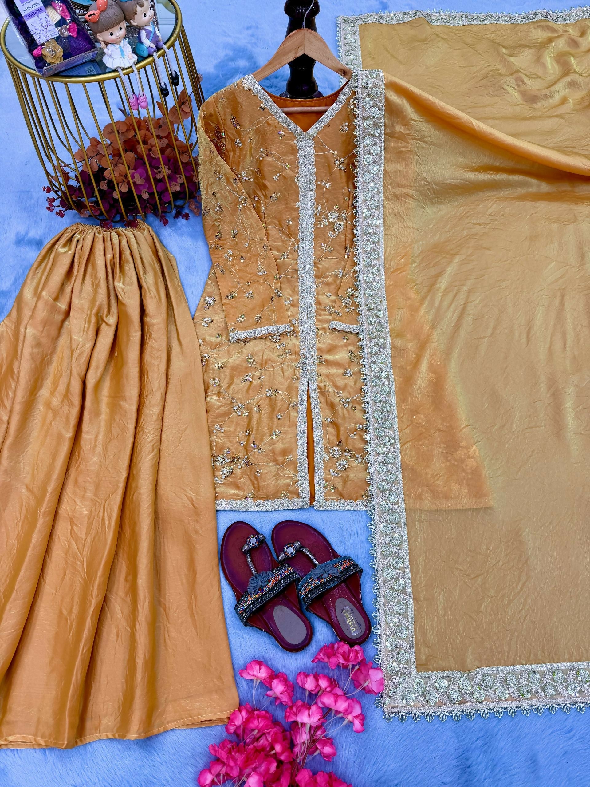 Teeya Creation Womens New Trendy Heavy Embroidery Work Kurta Palazzo Set - Mustard