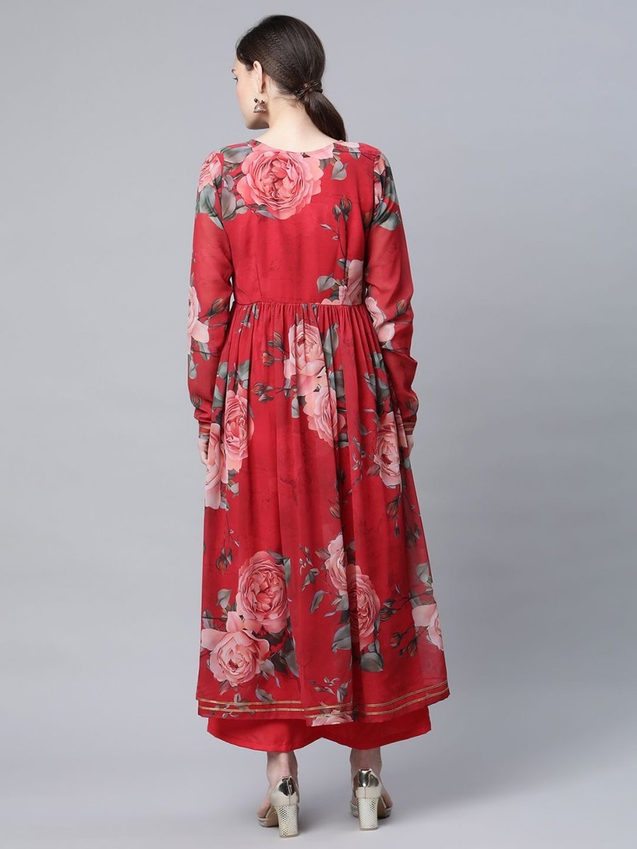 Ahalyaa Women Red Georgette Digital Floral Printed Kurta Palazzo Set - Grab2buy