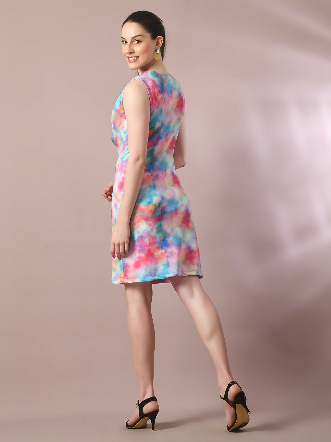 Myshka Women's Multi Printed Cowl Neck Bodycon Party Dress