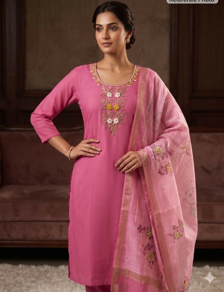Teeya Creation Womens New Fancy Premium Mul Chanderi Kurta Set - Pink