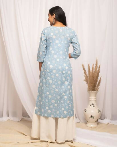 FIORRA Women's Floral Printed Sky Blue Cotton Straight Kurta 