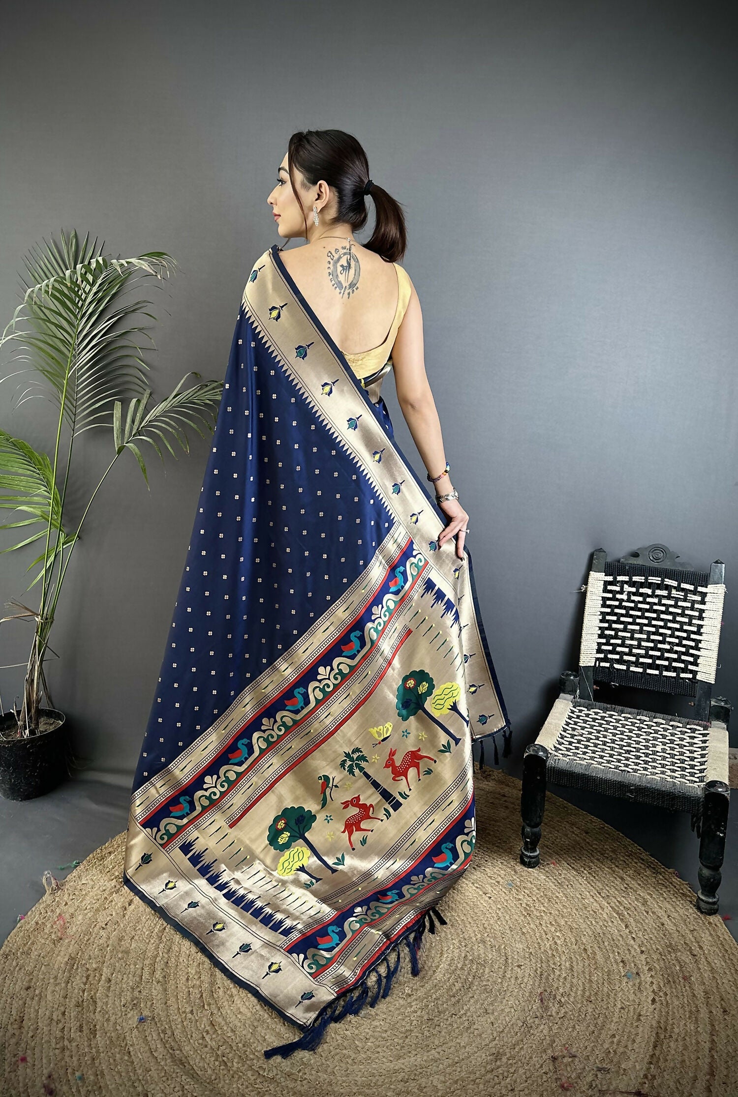 Joban Fashion Dark Blue Peacock & Floral Motifs Soft Lichi Silk Kanchipuram Saree