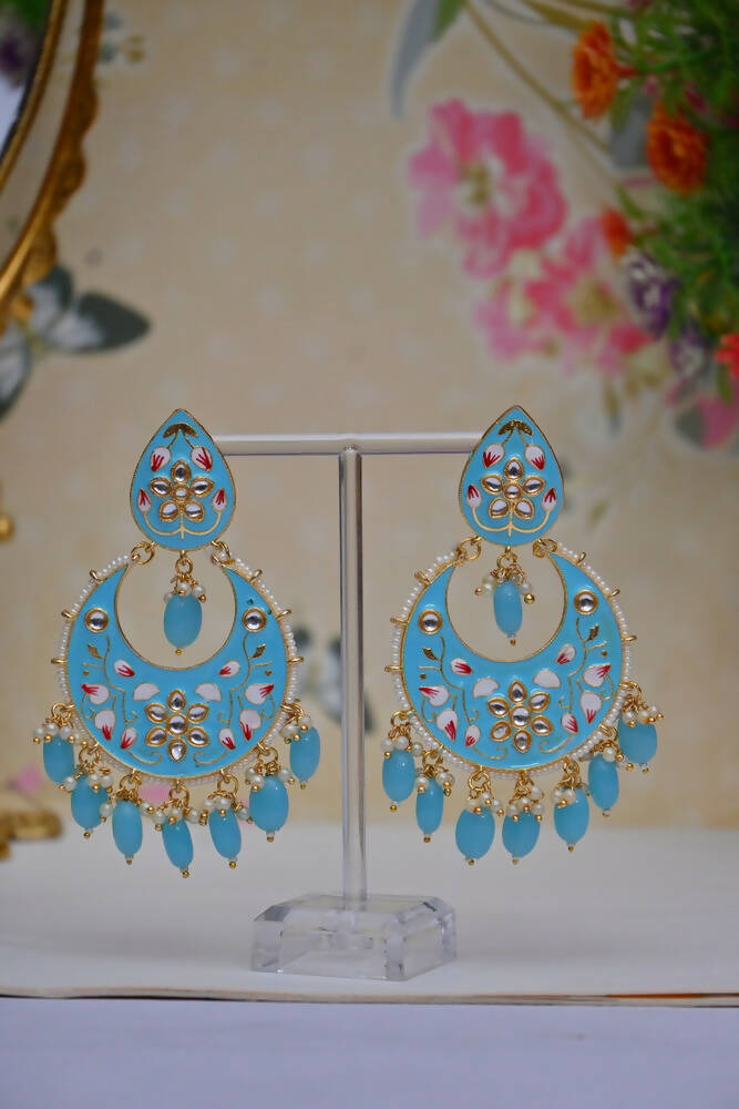 Gold Plated Brass & Pearl Dangle Women Blue Hand Painted Meenakari Chandbali Earrings By House of Ree - Grab2buy