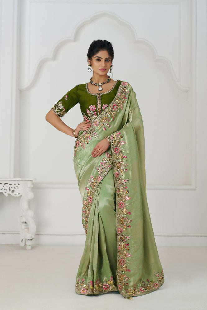 Kesar Fab Mehendi Color With Multi-Thread And Sequins Embroidery For Wedding Saree