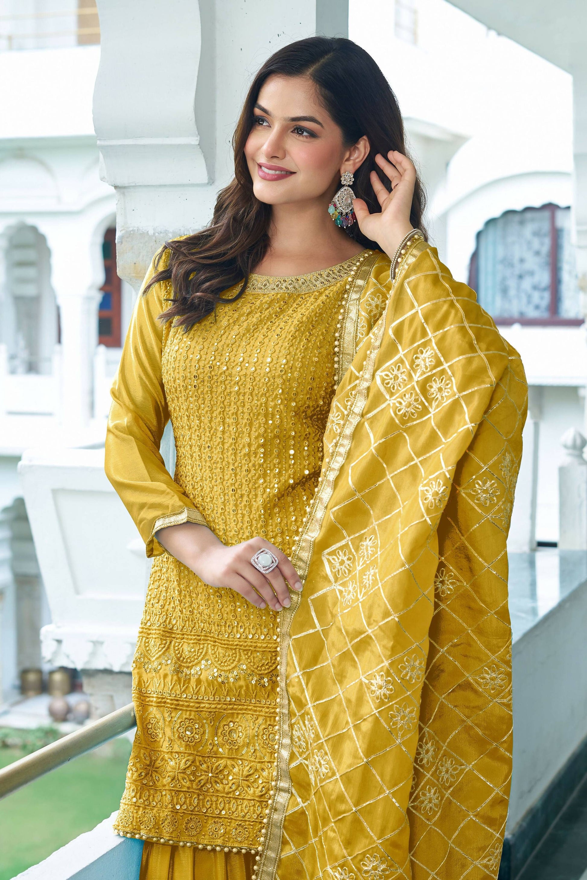 Joban Fashion Yellow Chinon Silk Embroidery Sequence Work Readymade Kurta Set
