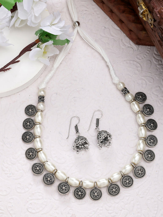 NVR Women's White Silver-Plated Choke Oxidized Necklace with Jhumka Earrings - Grab2buy