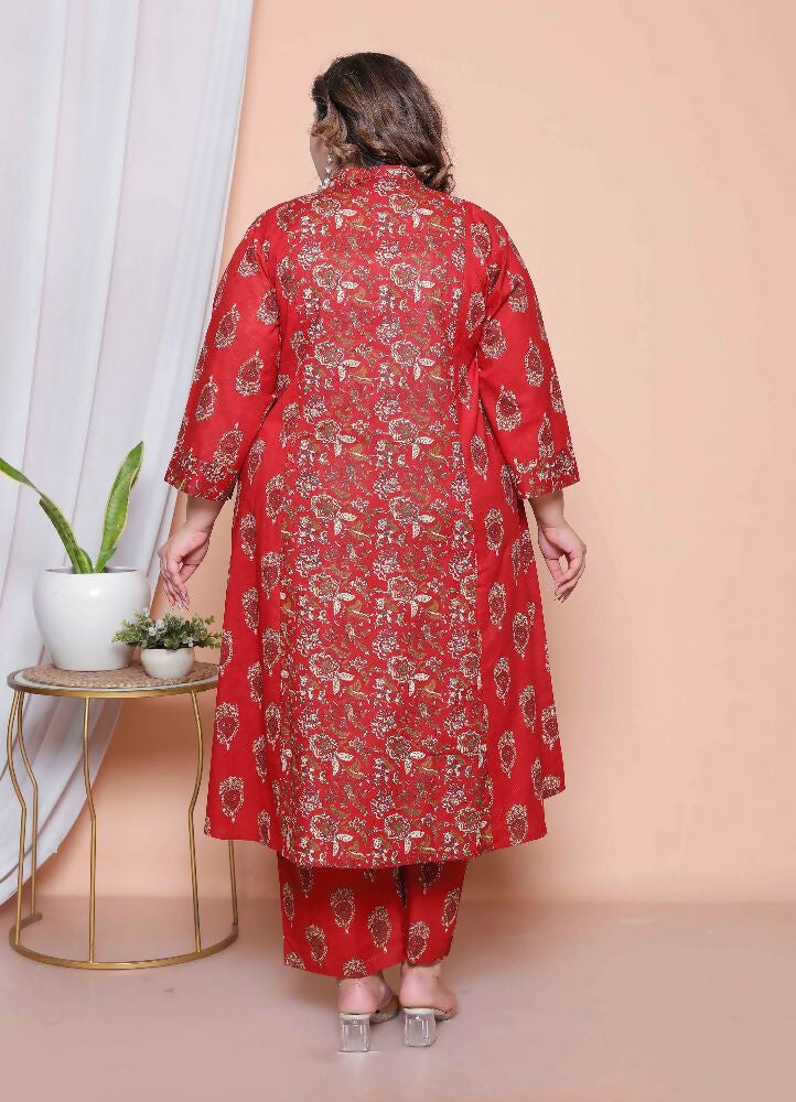 Miravan Women Floral Print Cotton Maroon Stitched Kurta Palazzo With Dupatta Set