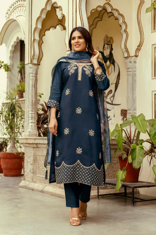 The52 Navy Blue Women's Beautiful Viscose Chanderi Fabric Thread Work Straight Kurta Pant and Dupatta Set | Grab2Buy