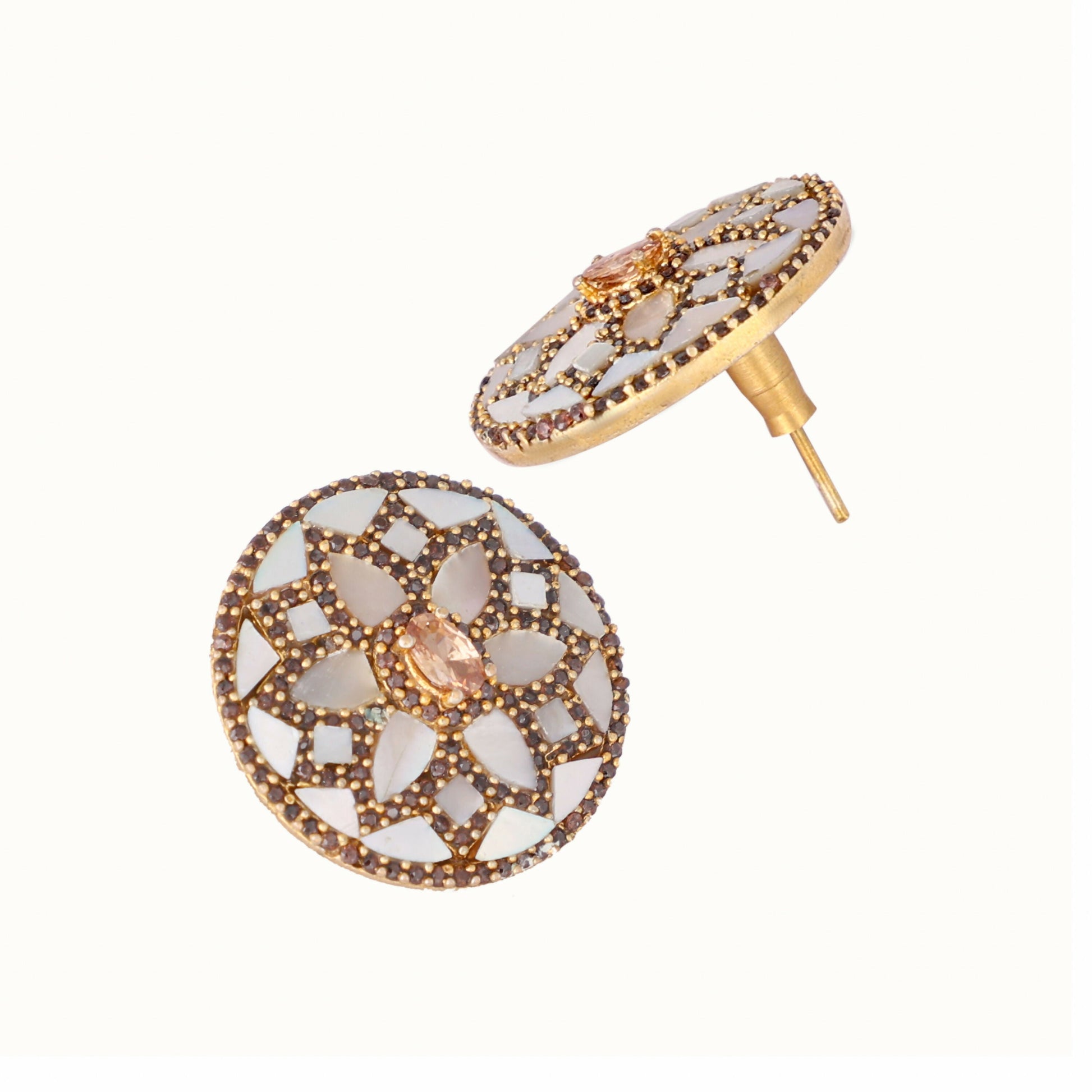 Nuyug 22K Gold Plated Mother of Pearls and Stone Studded Contemporary Floral Shaped Studs | Swadesiicart