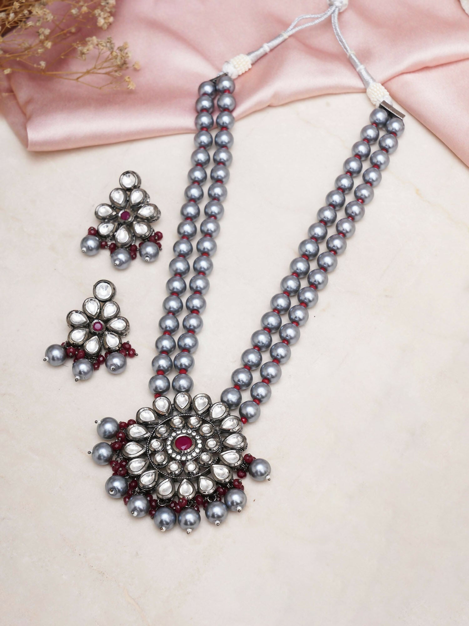 Long Kundan Neckpiece with Earrings with Multi Stones Jewellery Set (Grey) - Ruby Raang - Grab2buy