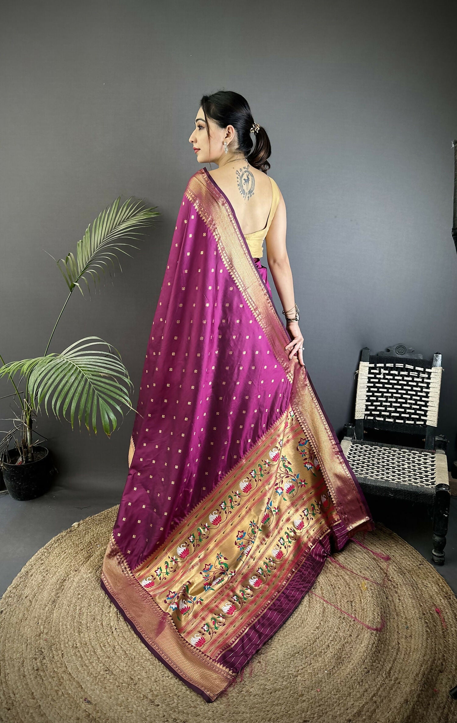 Joban Fashion Wine Butti Woven Soft Lichi Silk Paithani Saree