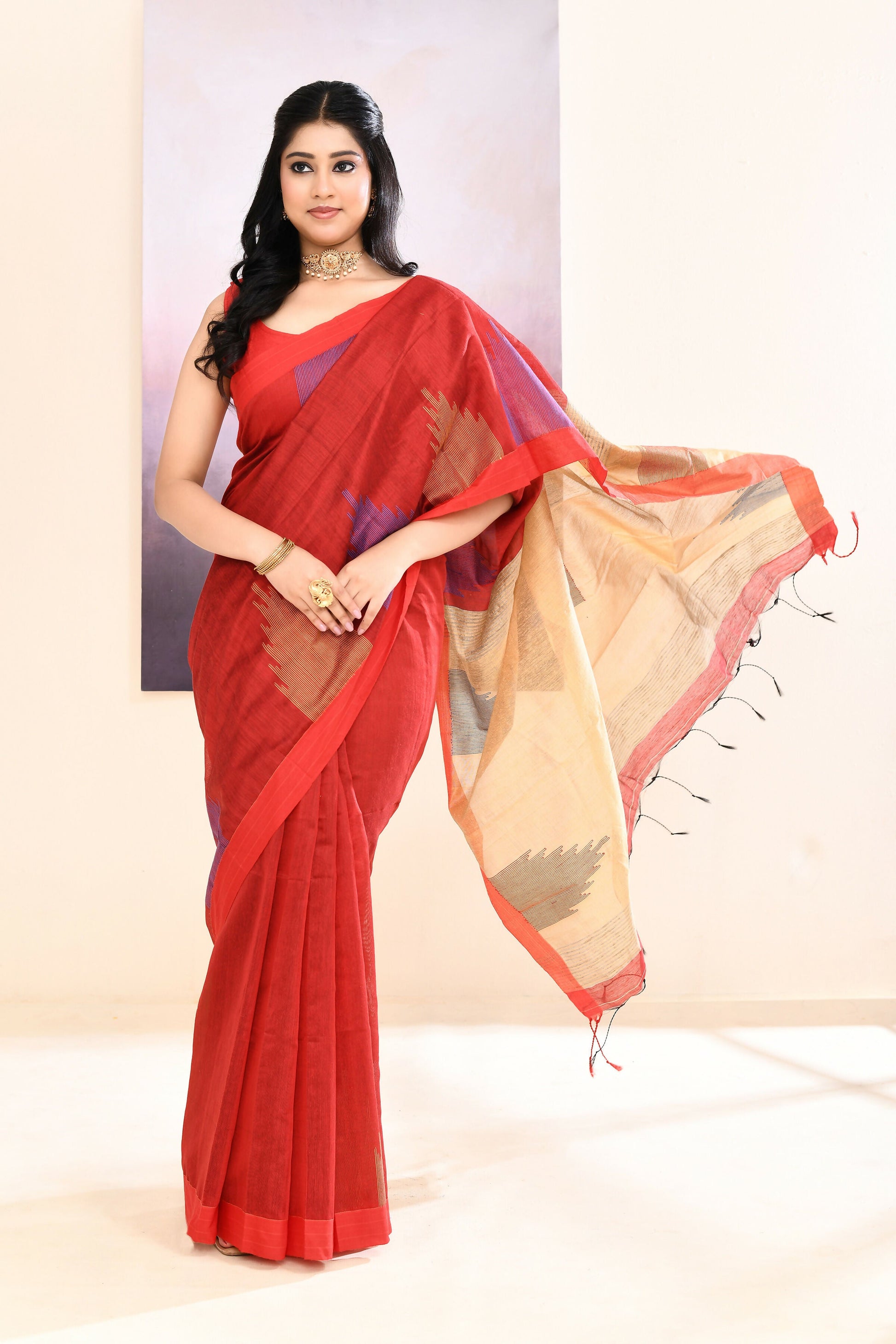 Piyari Fashion Women's Maroon Temple Border Embellished Cotton Blend Jamdani Saree