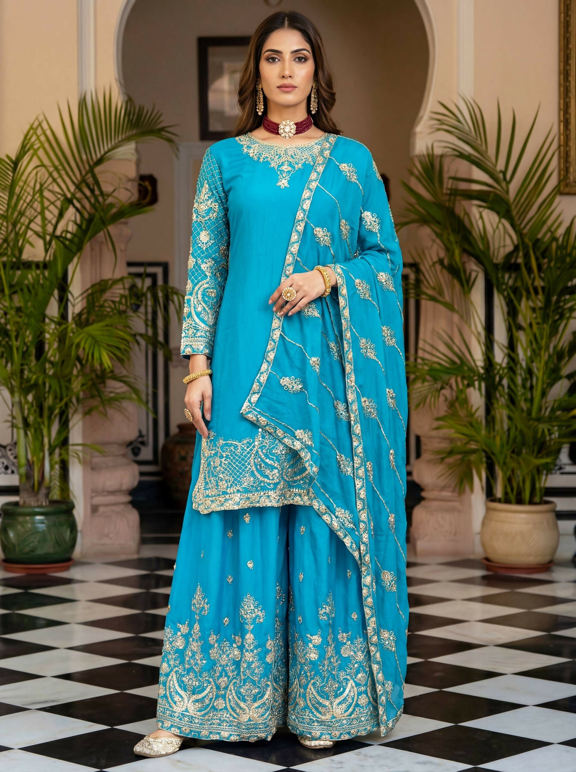 Teeya Creation New Trendy Traditional Wear Sharara with Heavy Border Dupatta Set - Sky-Blue