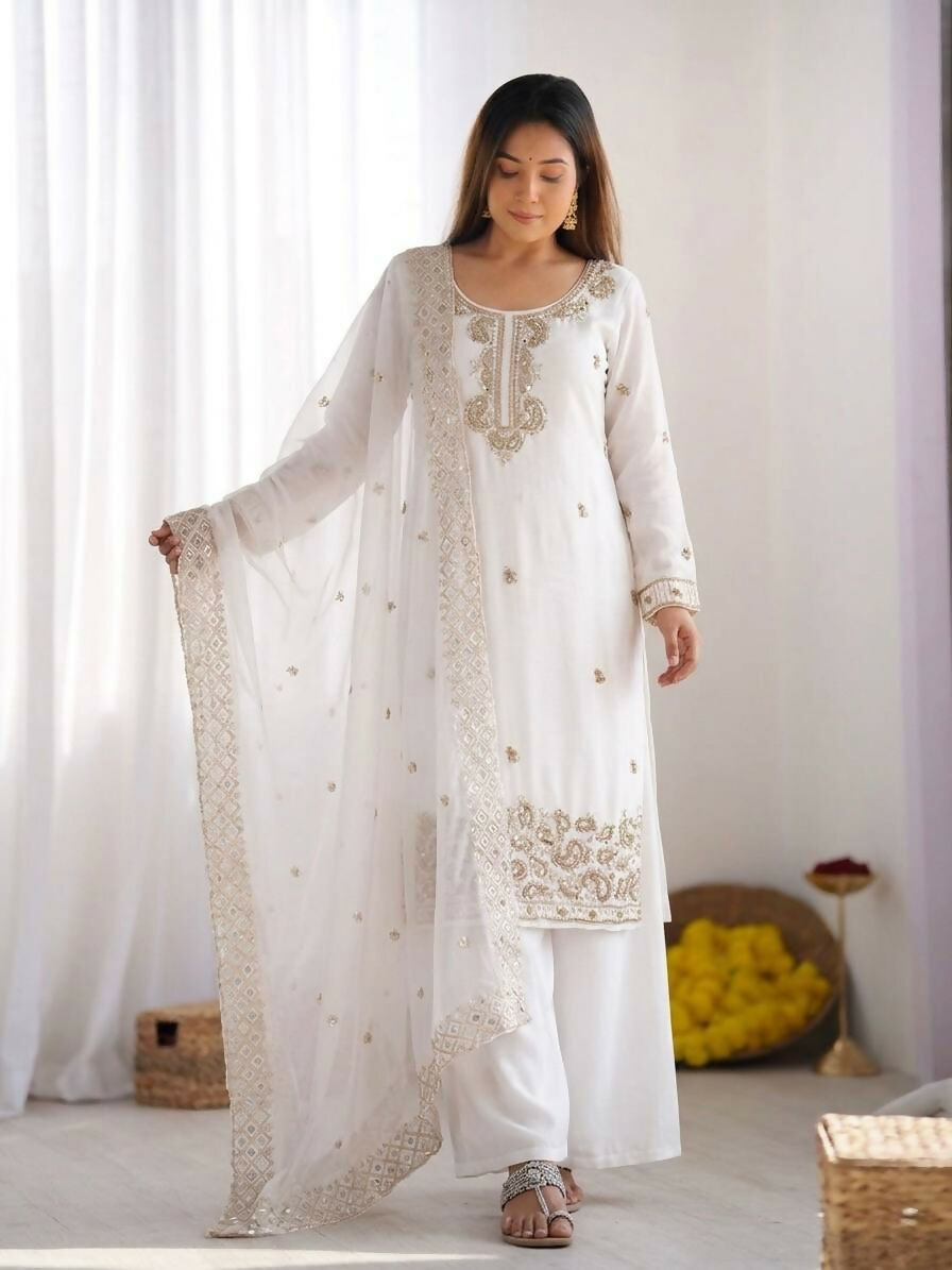Teeya Creation Womens New Trendy Stylish Embroidery Beads Work Palazzo Kurta Set -White