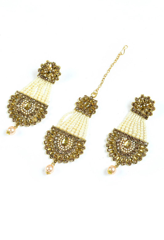 Mominos Fashion Johar Kamal Golden Kundan & Pearls Earrings With Tikka - Grab2buy