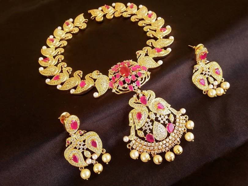AD Ruby Peacock Bridal Jewelry Set