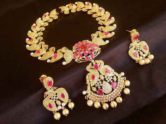 AD Ruby Peacock Bridal Jewelry Set
