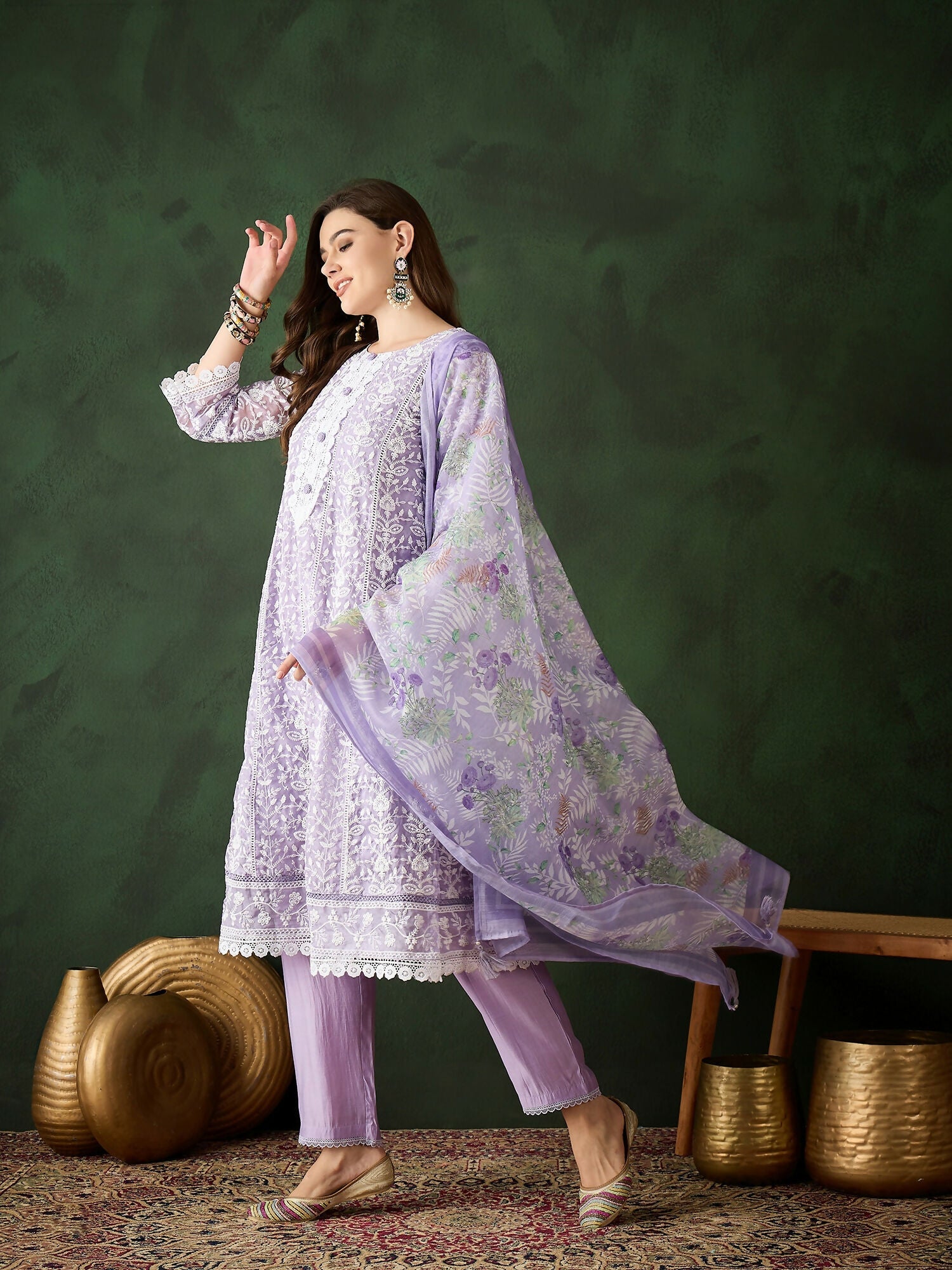 Lavender Crystal Organza schiffli embroidery Kurta With Trouser & Dupatta - Bhumi